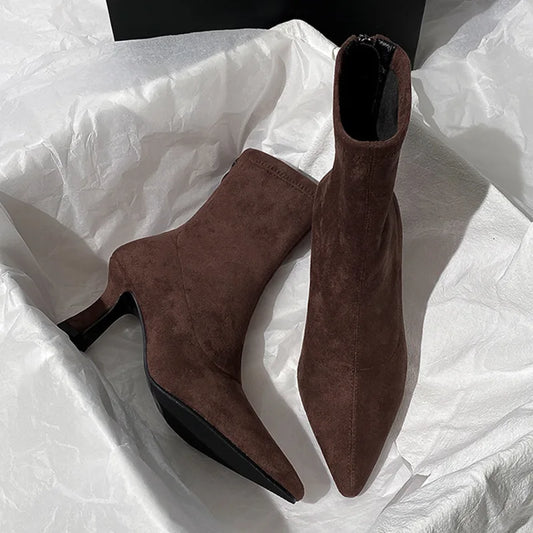 Pointed Toe Women Sock Short Boots Fashion Side Zipper  Ankle Booties Thick High Heel Autumn Winter Ladies Shoes Botas Femininas