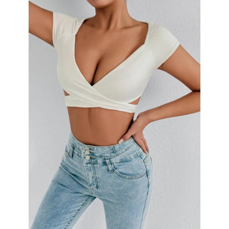 T-shirt d'été sexy à col en V pour femme, top court push-up taille haute en mélange extensible, tenue quotidienne de club, plage, élégant, pour courbes