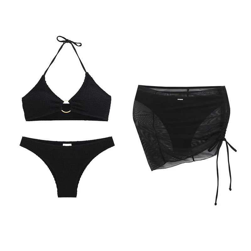 2025 New Sexy Solid Bikini Low Waist Three Pieces Swimsuit Women Brazilian Bandage Swimwear Female Beachwear Bathing Suit