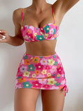 2023 Sexy stampa floreale tre pezzi bikini set push up costumi da bagno donna costume da bagno bikini femminile e gonna da spiaggia costume da bagno spiaggia