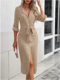 Abito da donna stile camicie tinta unita con scollo a V da ufficio Abito da donna a maniche lunghe con bottoni Abito elegante autunno primavera