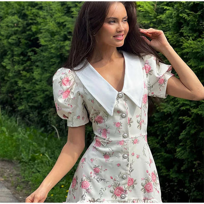 Mini abito con stampa casual Lady Summer Slim bottoni con risvolto Abiti a strati a trapezio Donna Manica corta Abito da vacanza Festa femminile Dolce