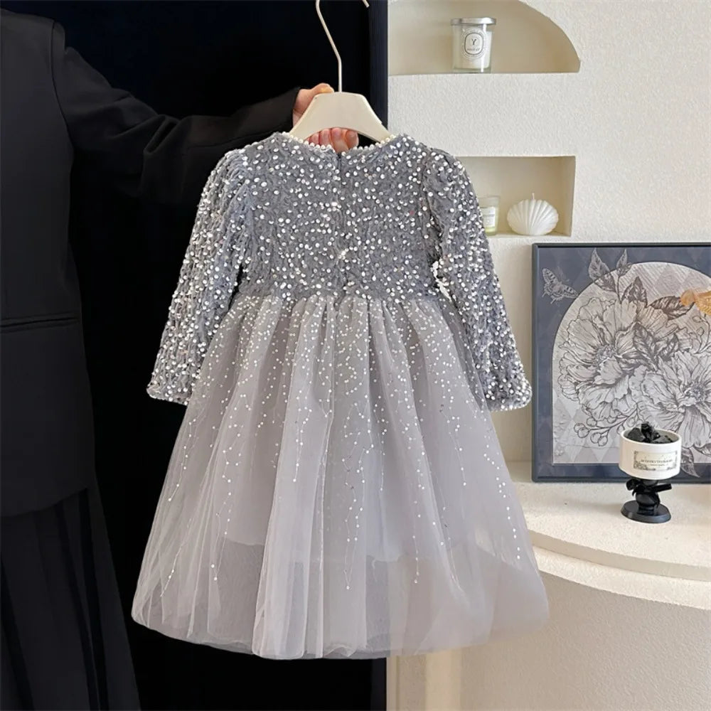 Abiti da ragazza Moda autunnale Nuova maglia patchwork con paillettes Abito da principessa a maniche lunghe Tinta unita Abbigliamento per bambini di Capodanno