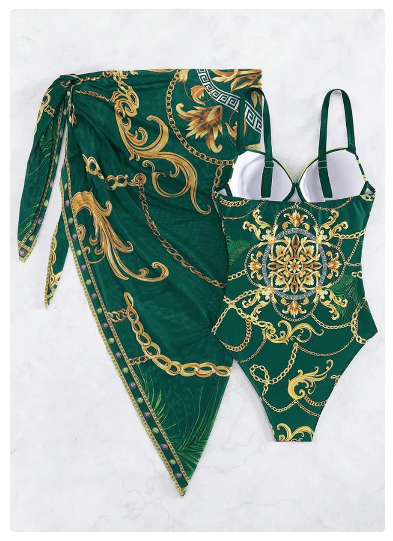 2025 Women One Piece Wired Monokini + Wrapped Skirt Black/Blue/Green Chain Printed Sexy Slim Fit Hanging Straps Hard Pack Bikini