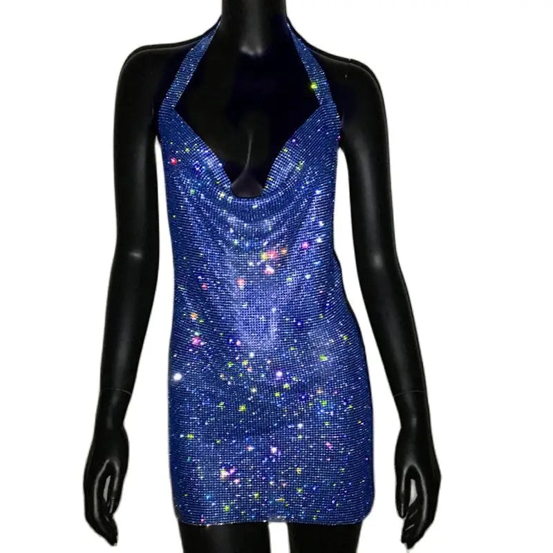 Mini abito sexy con scollo a V senza schienale per le donne Abiti da sera da club per feste con strass lucidi con scollo all'americana e spacco laterale