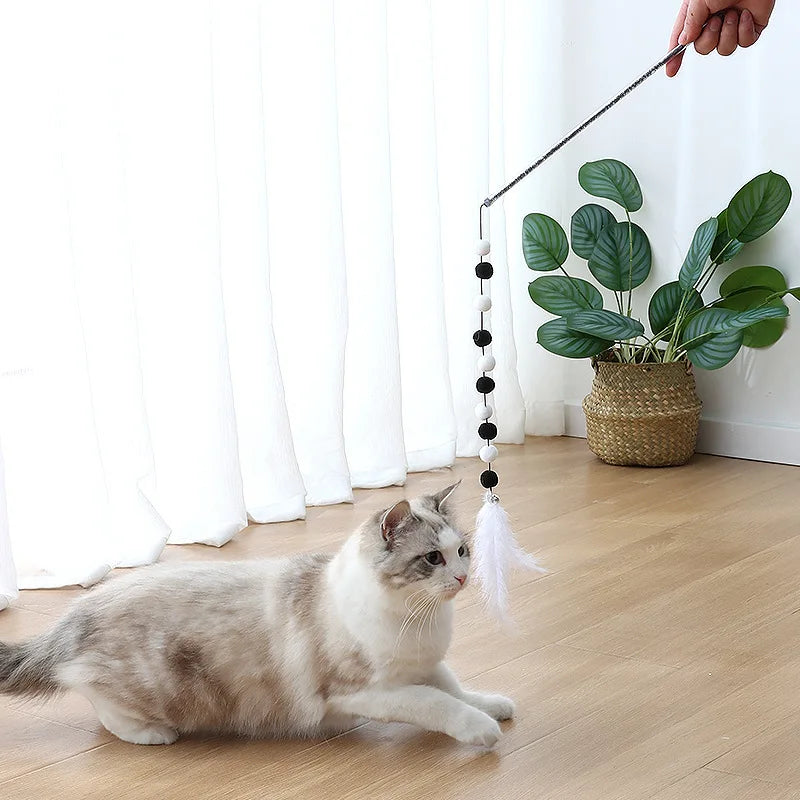 Giocattolo per gatti Pompon Giocattoli per gatti Giocattoli interattivi di piume per gatti Stuzzicare i gatti Giocattolo per gatti durevoli Bastone da gioco Palla di peluche Forniture per animali domestici