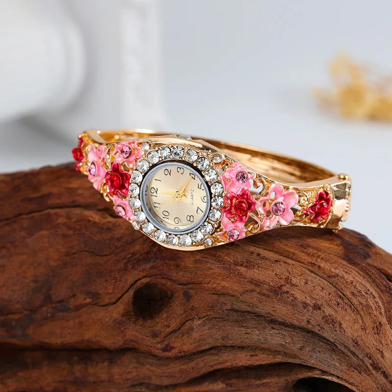 Orologi da donna Orologio al quarzo con strass in acciaio inossidabile Orologio da donna con fiore alla moda Bracciale vintage Elegante orologio da polso zegarek damski