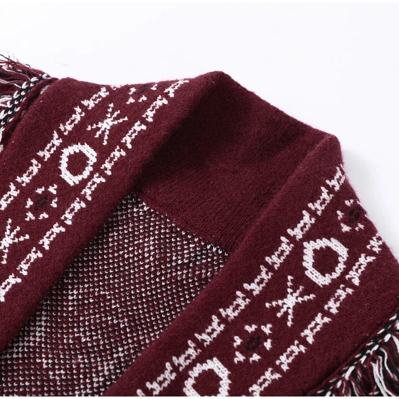 Cardigan da donna in maglia con stampa zebrata e frange, modello ampio con scollo a V, maniche lunghe, cintura, maglione caldo e spesso, collezione autunno 2026.
