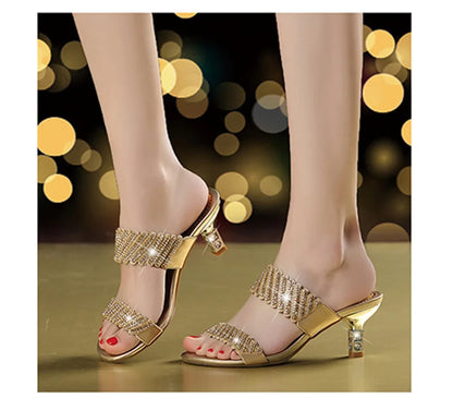 2024 nuove donne estate moda Comfort sandali eleganti oro una parola diamante tacco a spillo sandali con strass tacco medio