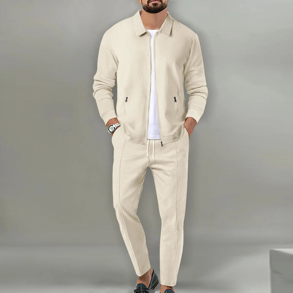 Completo Giacca Cardigan Slim da Uomo con Zip e Tasche, Collo a Risvolto, Stile Waffle, Collezione Autunno 2026