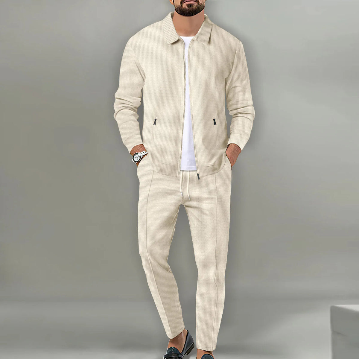 Completo Giacca Cardigan Slim da Uomo con Zip e Tasche, Collo a Risvolto, Stile Waffle, Collezione Autunno 2026