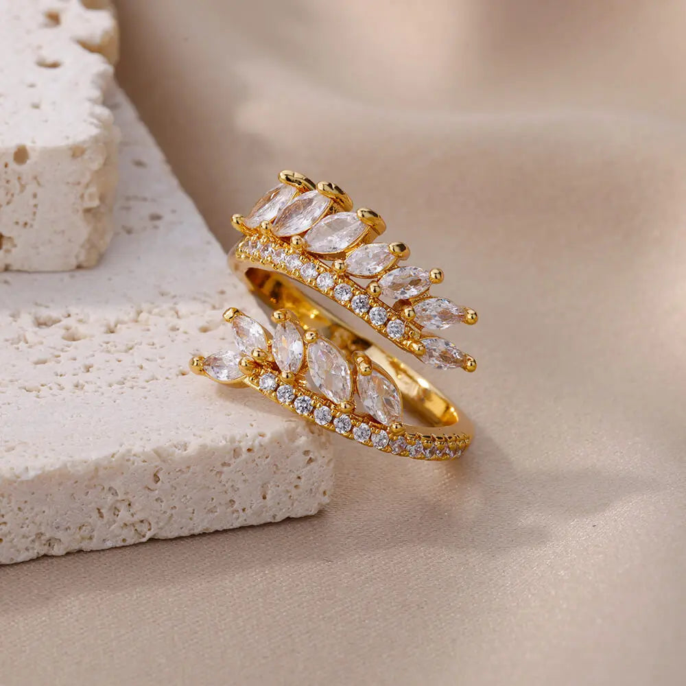 Anelli a foglia a doppio strato con zirconi di lusso per le donne Anello in acciaio inossidabile color oro Boho Coppia gioielli Accessori anelli mujer