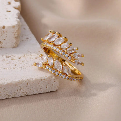Anelli a foglia a doppio strato con zirconi di lusso per le donne Anello in acciaio inossidabile color oro Boho Coppia gioielli Accessori anelli mujer