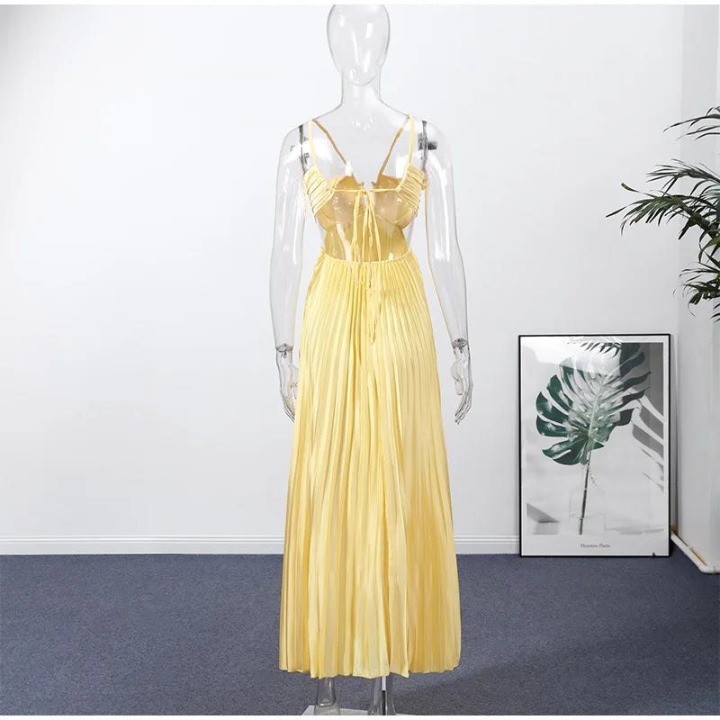 Abito Lungo Estivo da Donna con Scollo all'Americana e Pieghe, Senza Schienale, Senza Maniche, Blu, per Vacanze al Mare, Moda Femminile 2026, Vestito a Trapezio