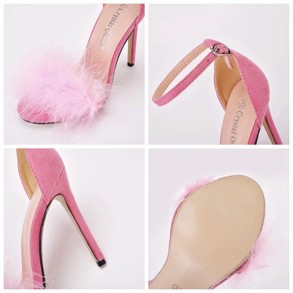 Sexy Feather High Heel Sandals Women's European  American Large 46 Fish Mouth High Heel Sandals Women Shallow Mouth Women's Shoe