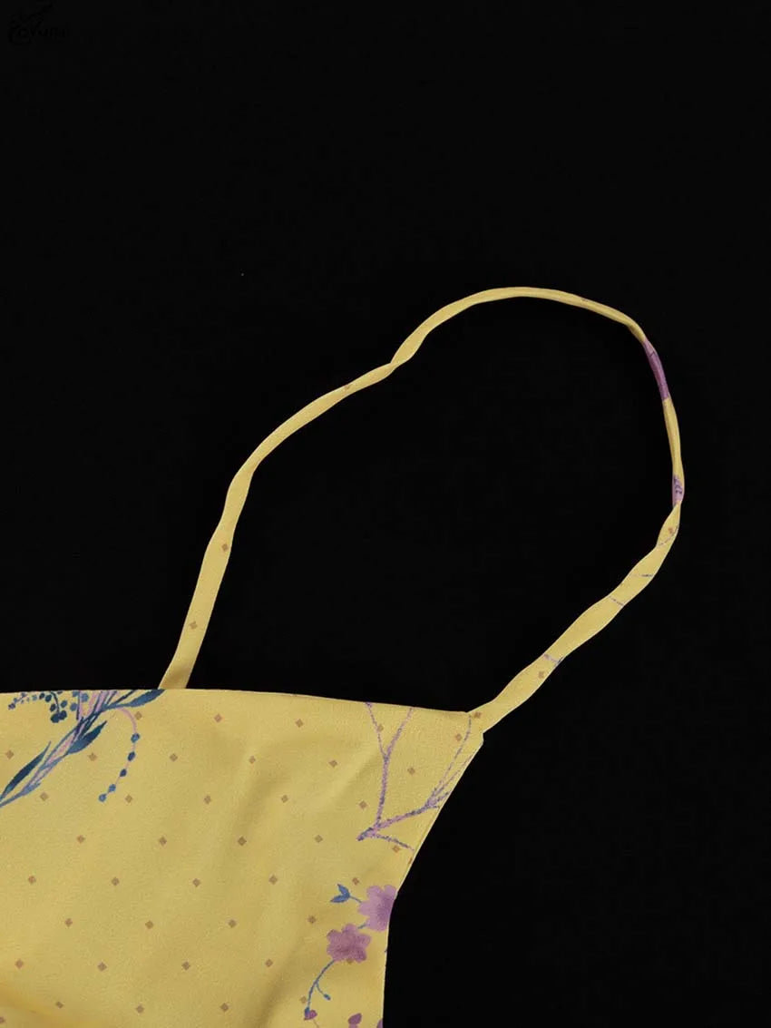 Oymimi Abito da donna casual con stampa gialla Elegante cinturino per spaghetti Abiti aperti sul retro Abito alla caviglia a vita alta moda autunnale