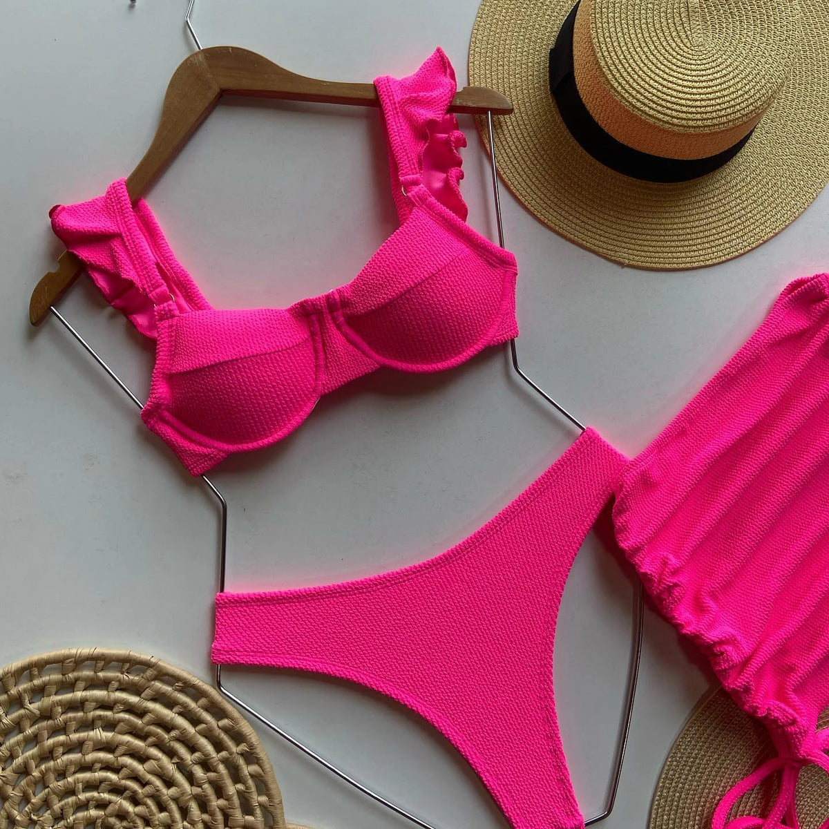 Costume da bagno a vita bassa in tessuto ondulato solido copricostume per donna costume da bagno Push Up con volant a tre pezzi 2023 costumi da bagno da spiaggia