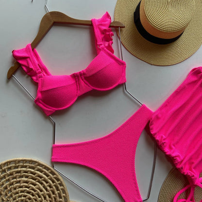 Costume da bagno a vita bassa in tessuto ondulato solido copricostume per donna costume da bagno Push Up con volant a tre pezzi 2023 costumi da bagno da spiaggia