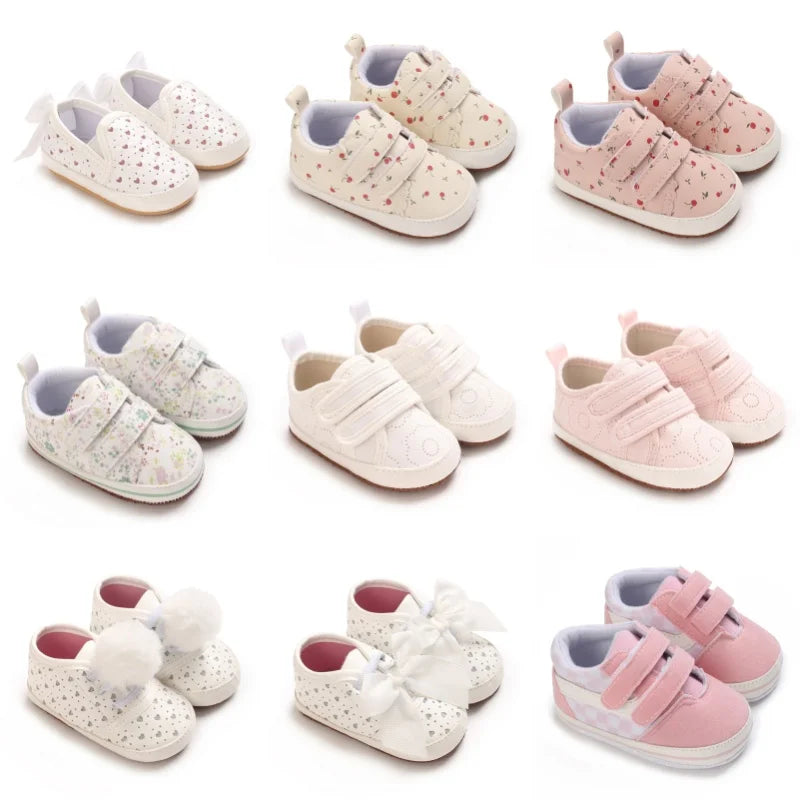 Scarpe da passeggio per bambini, sneakers con stampa e fiocco, calzature casual con suola morbida per neonati da 0 a 18 mesi