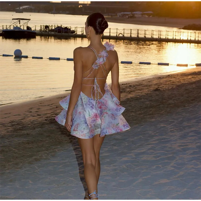 Donne Tie-dye 3D Fiore Con Scollo A V Completa Senza Maniche Mini Abiti Moda Sottile Stampato Multi Pieghettato Abiti New Lady Holiday Wear