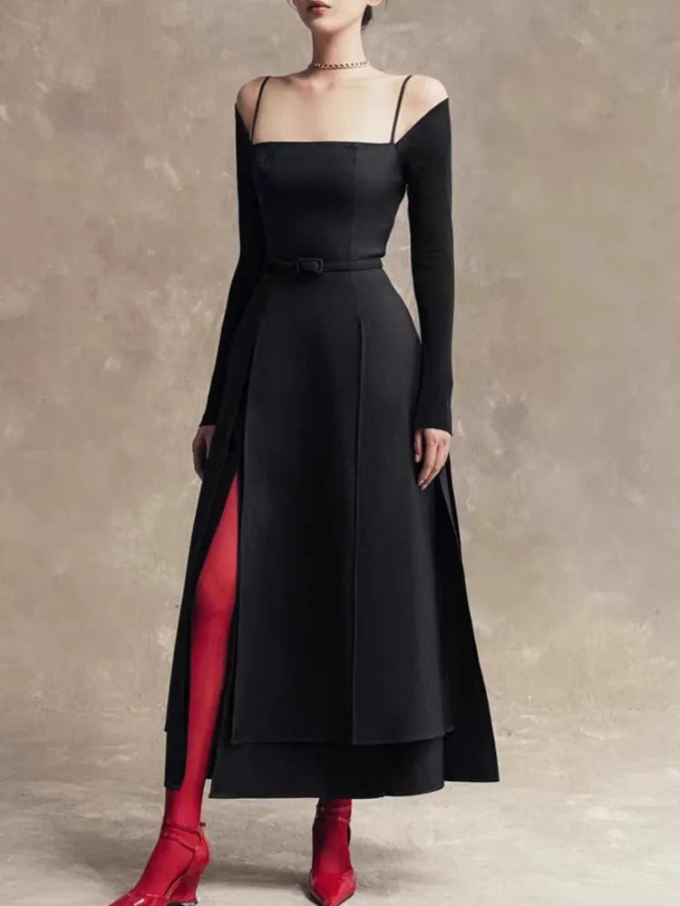 QMQA Abiti eleganti da donna alla moda con spalle scoperte Manica lunga Split Orlo asimmetrico Abito sottile a vita media bassa Nuovo 1A200