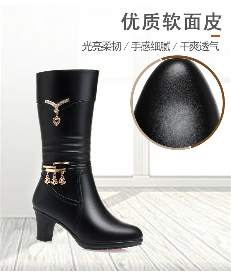 Women Comfortable Fleece Medium Boots Autumn Winter New Style Thick Heel Side Zipper Pointed Fashion High Heels Boots