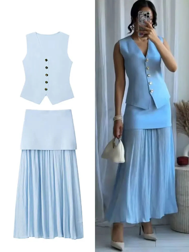 HH Set di gonne lavorate a maglia eleganti femminili 2024 Scollo a V con bottoni Canottiera + Gonna a pieghe patchwork a-line Abito solido alla moda