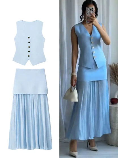 HH Set di gonne lavorate a maglia eleganti femminili 2024 Scollo a V con bottoni Canottiera + Gonna a pieghe patchwork a-line Abito solido alla moda