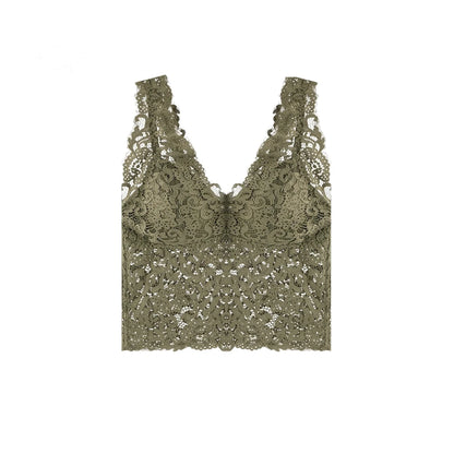 Gilet d'été sexy en dentelle à col en V profond avec coussinets de poitrine, débardeur floral brodé, caraco enveloppant la poitrine, débardeur rembourré court pour femme