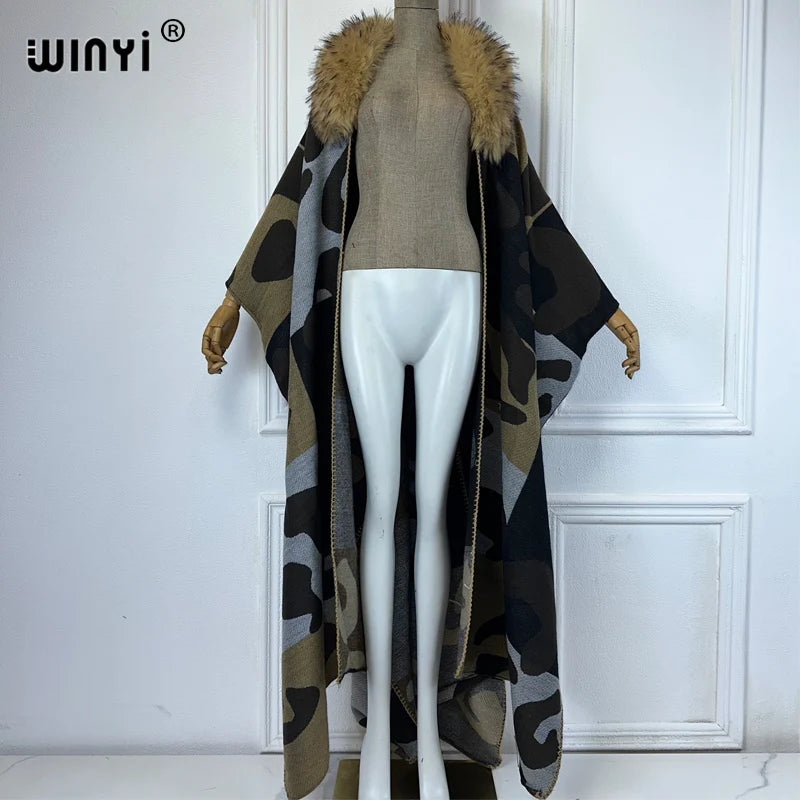 WINYI Africa Collo in pelliccia artificiale Cardigan invernale maxi kimono vestito da festa abaya dubai luxur abiti invernali per donna piumino