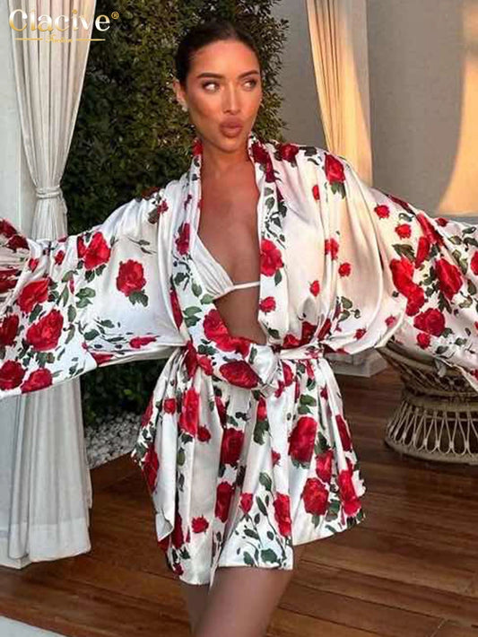 Clacive Fashion Abiti da donna con stampa allentata 2025 Mini abito sexy a maniche lunghe con cappuccio Elegante abito classico con lacci Abbigliamento femminile