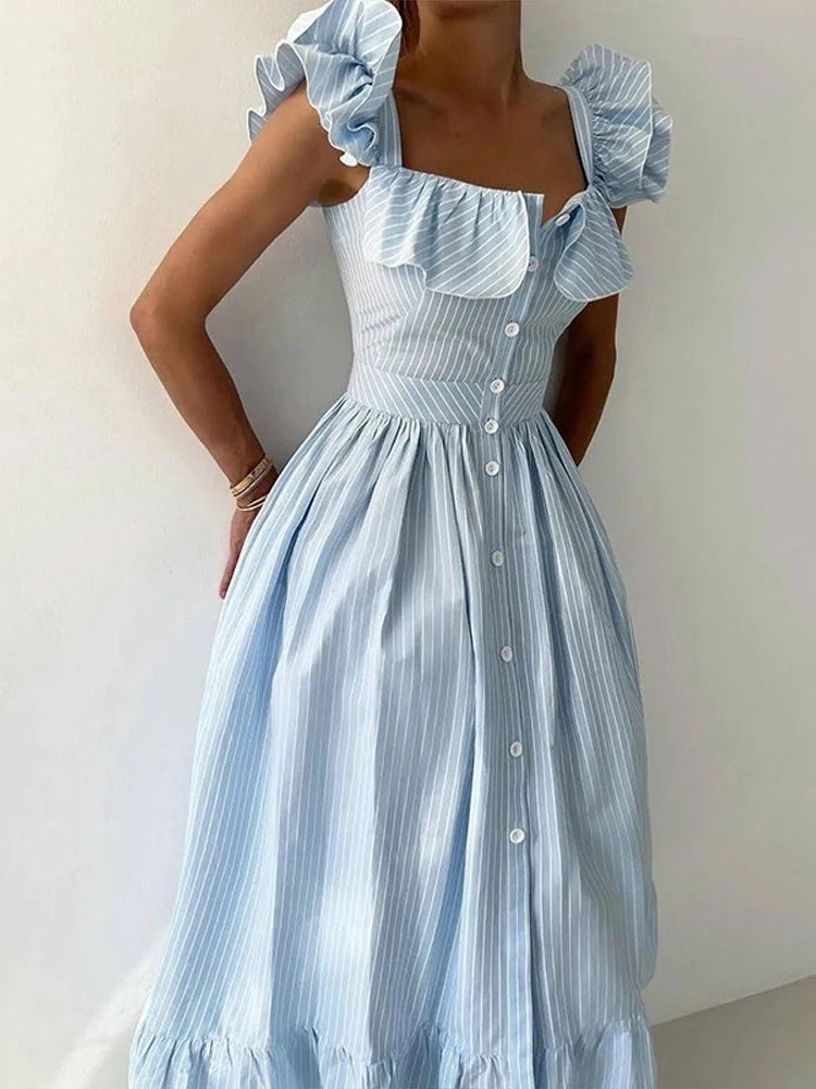 BKQU Abito lungo elegante con maniche volanti a righe con volant Abito lungo da donna chic con colletto quadrato sottile monopetto Abito lungo da festa estivo femminile