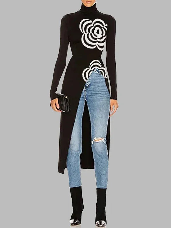Modigirl Inverno Donna Pullover lavorato a maglia Top 2024 Fiore nero Design Slim Fit Asimmetrico Collo alto Maglioni lunghi per donna