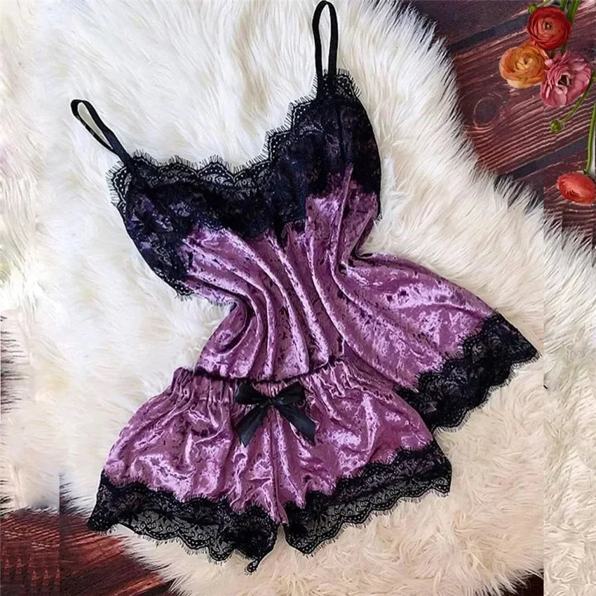 Sommerliche Spitzen-Nachtwäsche Sexy Satin-Pyjama-Set Damen Nachthemd 2-teiliges Crop-Top- und Shorts-Set Homewear Loungewear