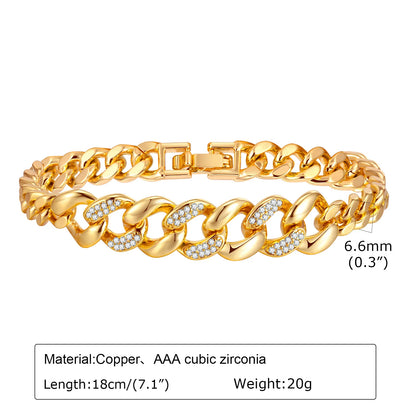 Bracciale a catena con graffetta Cinturino per orologio con zirconi placcati in oro 14 carati Collegamento grosso Gioielli impilabili regolabili per regalo per ragazza da donna