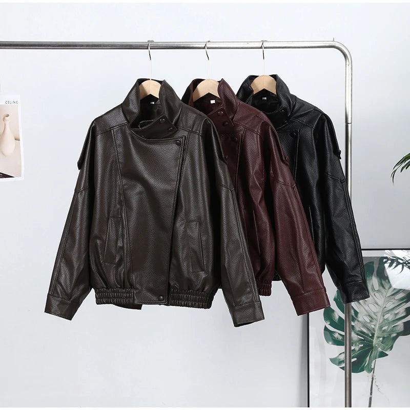 Giacca bomber da donna in camoscio grigio scuro, con colletto alla coreana, maniche lunghe, oversize, asimmetrica, stile street, giacche da donna autunno 2026