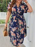 Abito elegante da donna estivo taglie forti per le vacanze Abiti casual con lacci con scollo a V e stampa floreale vintage
