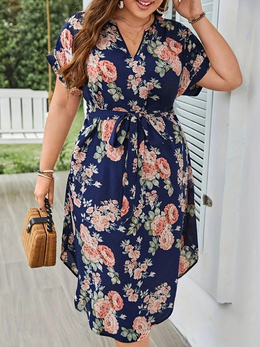 Abito elegante da donna estivo taglie forti per le vacanze Abiti casual con lacci con scollo a V e stampa floreale vintage