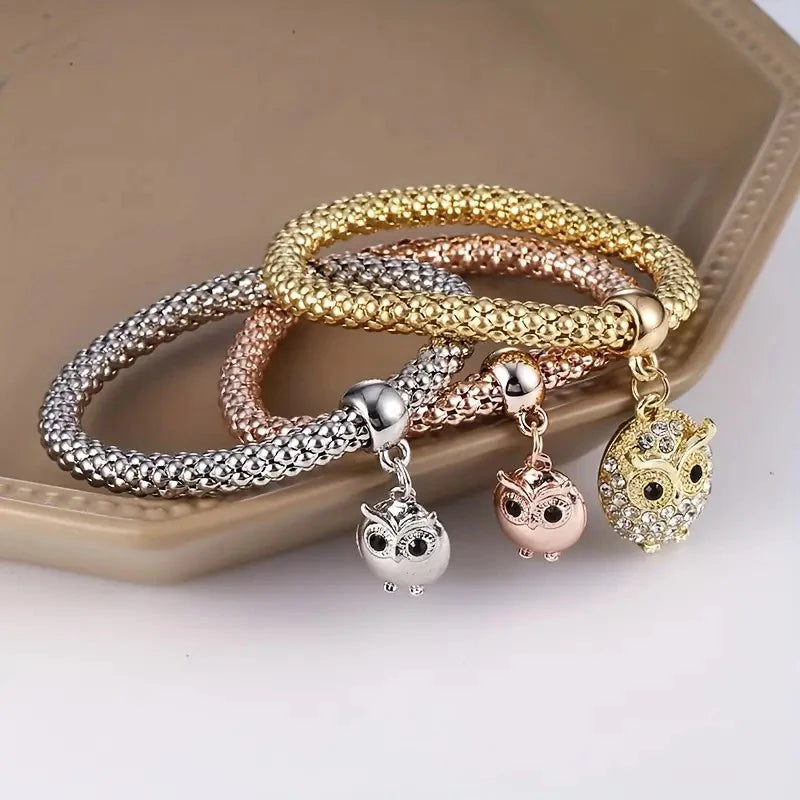 Set da 3 pezzi con lucchetto a forma di cuore, chiave, segno musicale, braccialetto con ciondoli, gufo, placcatura in oro rosa, catena color argento, set di gioielli con bracciale con ciondolo Owm