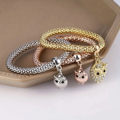 Set da 3 pezzi con lucchetto a forma di cuore, chiave, segno musicale, braccialetto con ciondoli, gufo, placcatura in oro rosa, catena color argento, set di gioielli con bracciale con ciondolo Owm