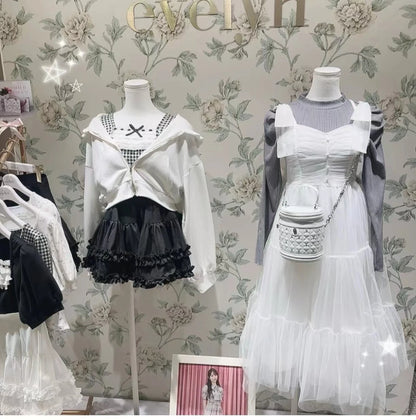 Abiti da donna di nicchia in stile giapponese Primavera Estate Autunno Ragazza Dolce fiocco Abito in rete Lolita Abito lungo con bretelle da fata carina