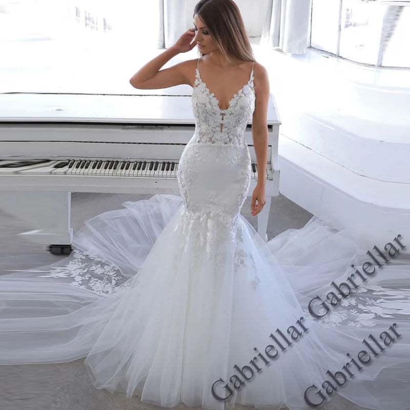 Gabriellar eleganti abiti da sposa a sirena per le spose scollo a V applicazioni tulle volant pieghe al largo della spalla personalizzati