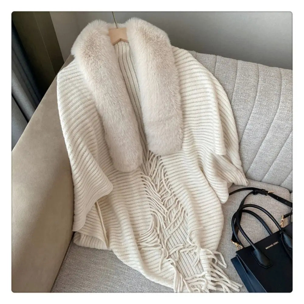 Abiti da sera da donna Cardigan Mantello invernale caldo scialle lavorato a maglia Involucri con colletto in pelliccia sintetica