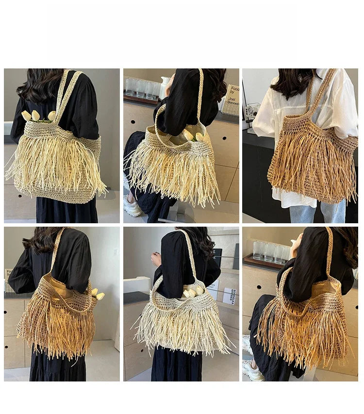 Borse a tracolla da donna in tessuto con nappe casual Borse da donna con frange fatte a mano Borsa tote grande da spiaggia estiva Borsa shopper grande per le vacanze