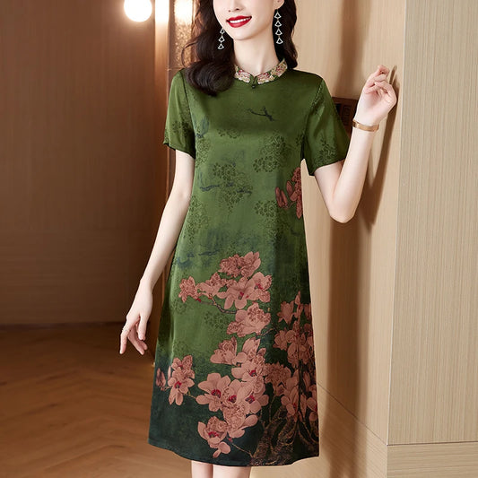 2024 seta floreale manica corta vita allentata vestito Midi donna estate lusso elegante partito abiti coreano Vintage Casual Prom Dress