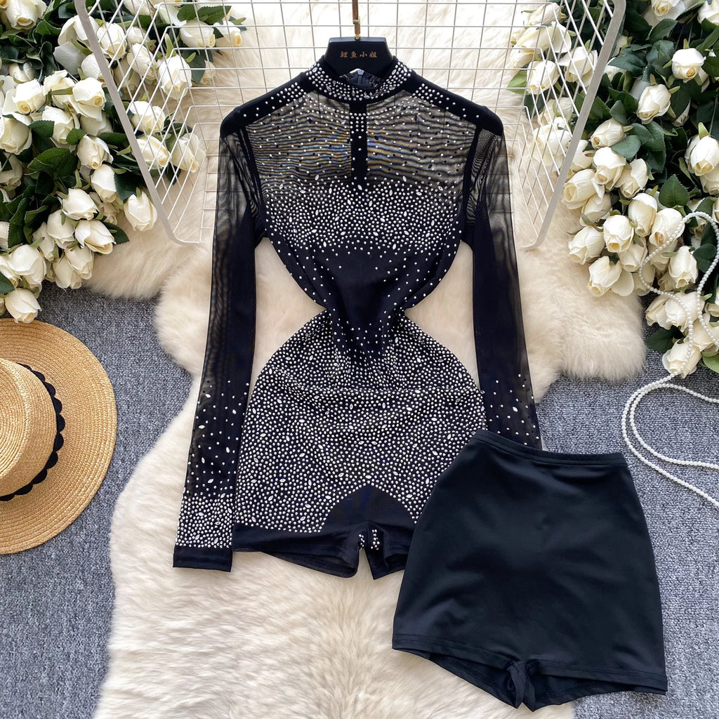 SINGREINY Estate Sottile Sheer Sexy Body Manica Lunga Cerniera Con Pantaloncini Design Pagliaccetti Liste Streetwear Donna Maglia Tute