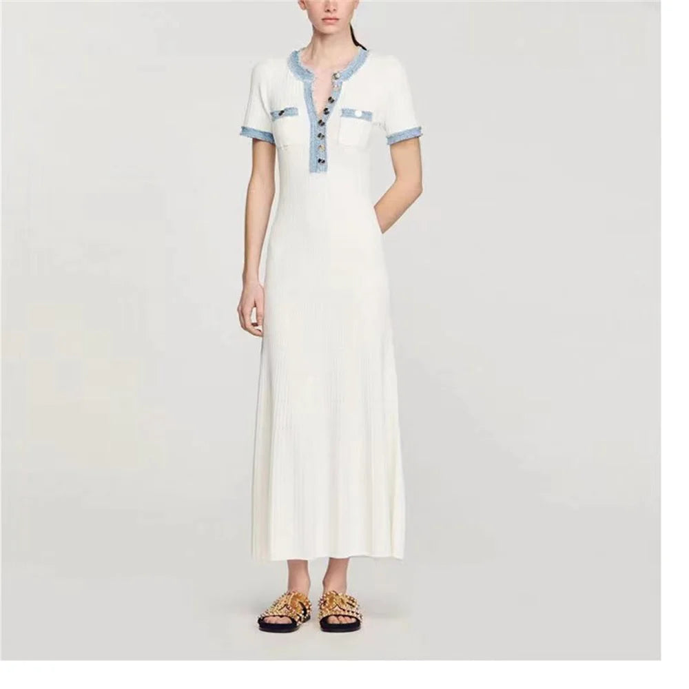 Abito lungo elegante in maglia da donna a contrasto Chic O-collo manica corta Bottoni in metallo Abiti aderenti Abito da pendolarismo da donna da ufficio