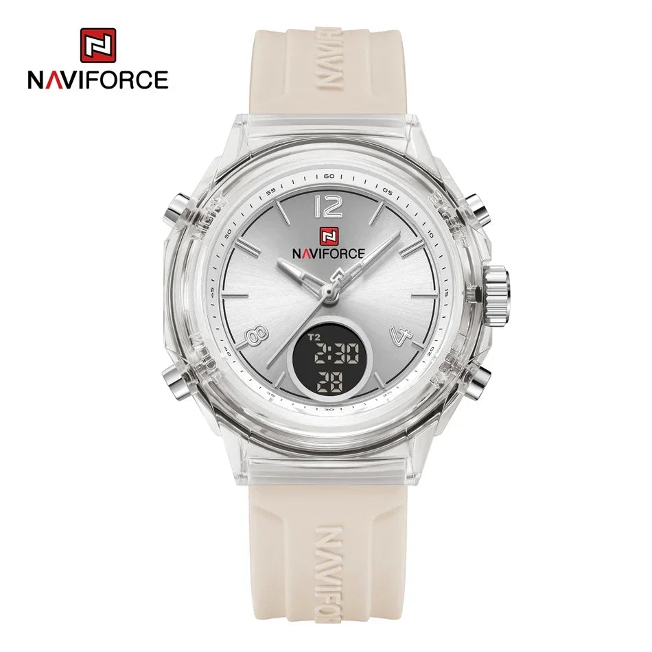 NAVIFORCE Orologio da donna di lusso Orologio sportivo all'aria aperta in oro Orologi impermeabili Doppio display dell'ora Orologi da polso al quarzo Orologio digitale in gomma