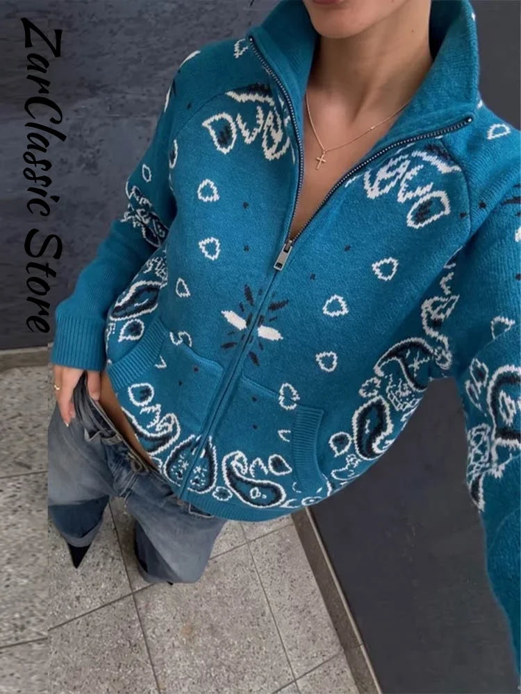 Cardigan da Donna Vintage con Motivo Paisley Jacquard, Collo Alto, Chiusura a Zip, Maglione Lavorato a Maglia, Nuovo Abbigliamento Casual Elegante per l'Inverno 2026