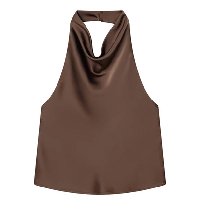 Hauts Femme Sexy Top Satin Licou Femme Mode Solide Élégant Gilet Dos Nu 2026 Nouvel Été Épaules Dénudées Caraco Femme